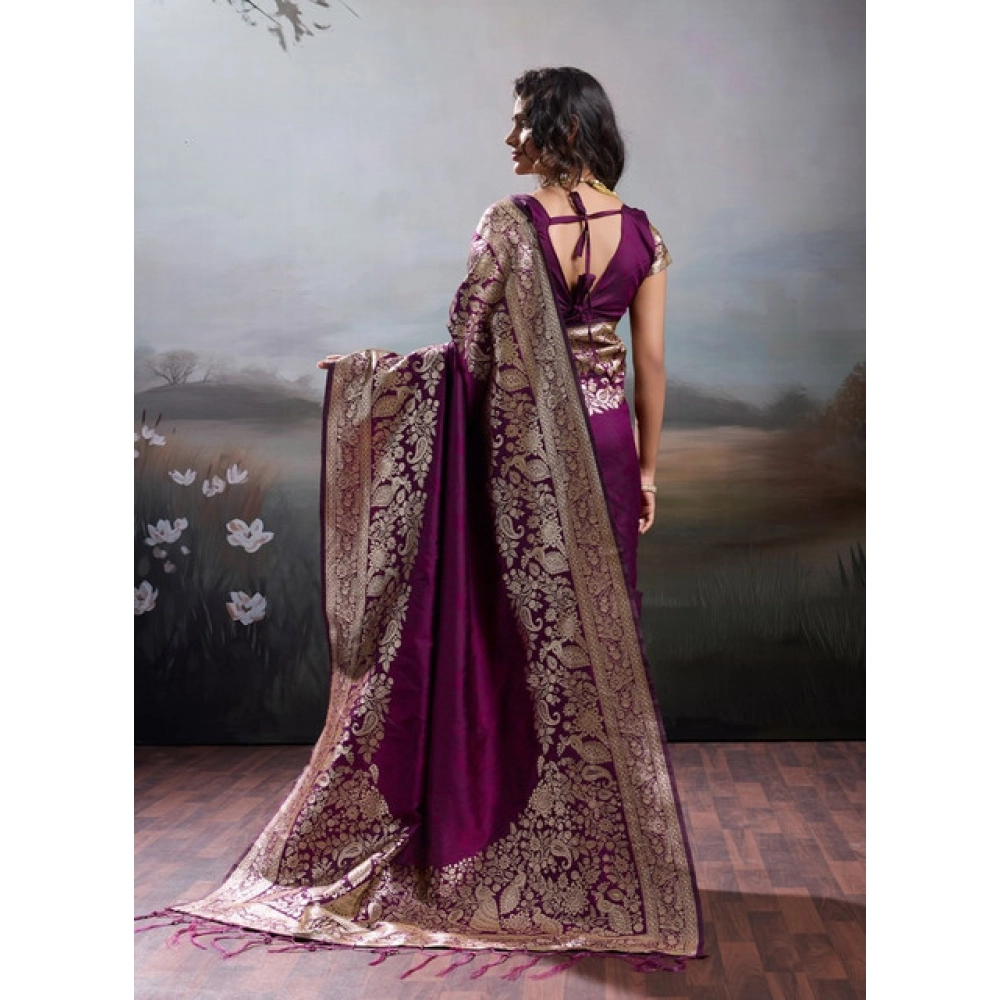Generic Women's Silk Blend Printed Saree With Unstitched Blouse 5.5Mtr (Wine) - Image 3