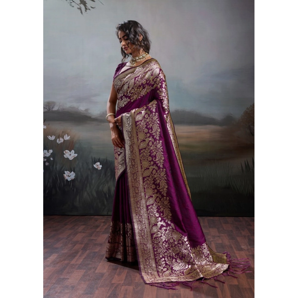 Generic Women's Silk Blend Printed Saree With Unstitched Blouse 5.5Mtr (Wine) - Image 5
