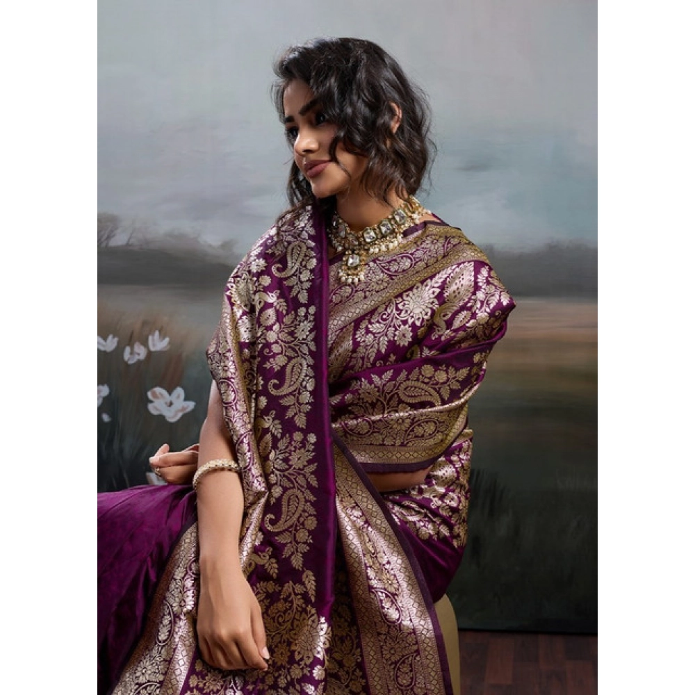 Generic Women's Silk Blend Printed Saree With Unstitched Blouse 5.5Mtr (Wine) - Image 6