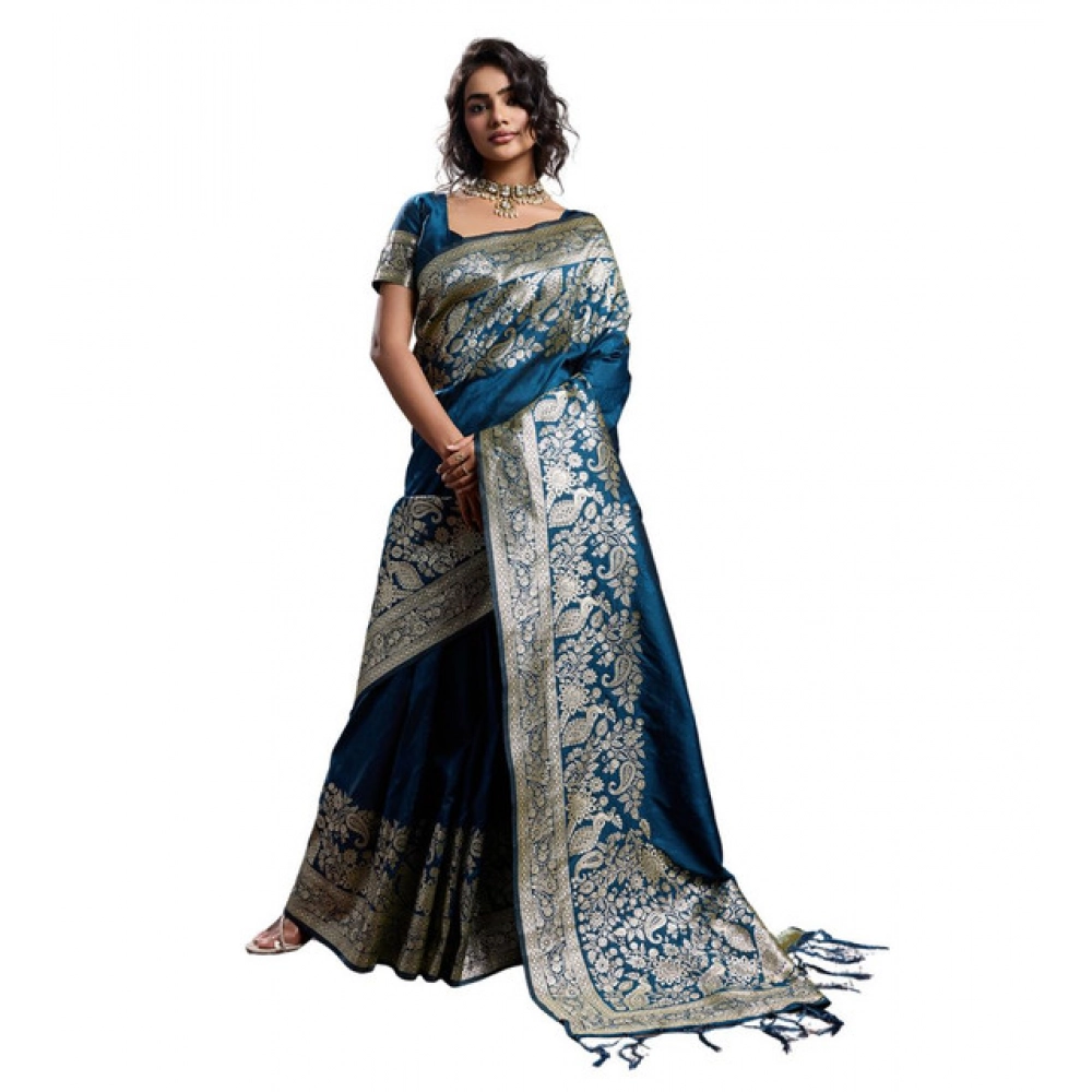 Generic Women's Silk Blend Printed Saree With Unstitched Blouse 5.5Mtr (Navy Blue) - Image 2