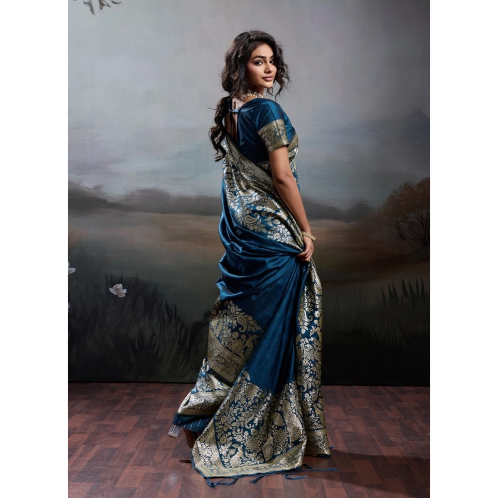 Generic Women's Silk Blend Printed Saree With Unstitched Blouse 5.5Mtr (Navy Blue) - Image 3
