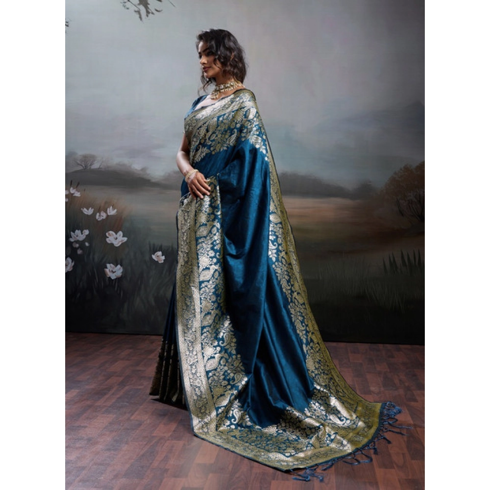 Generic Women's Silk Blend Printed Saree With Unstitched Blouse 5.5Mtr (Navy Blue) - Image 4