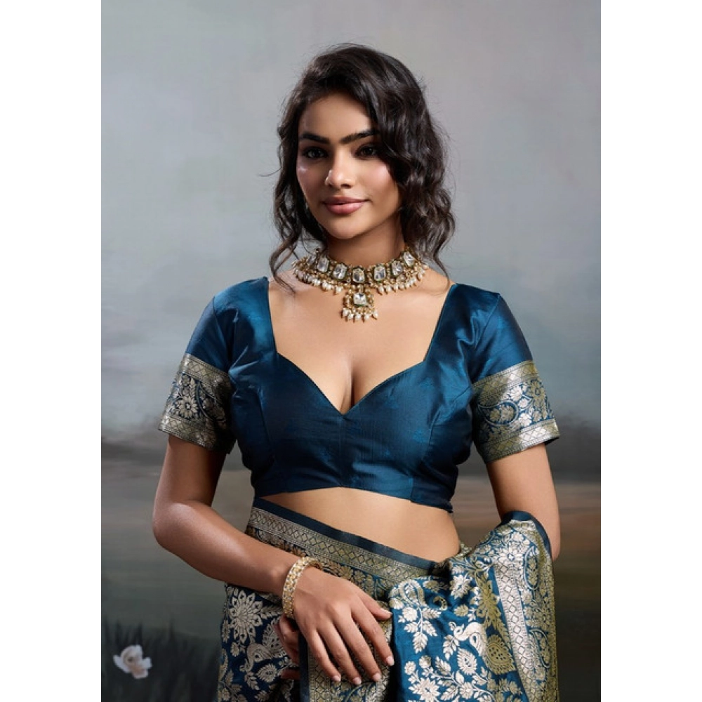 Generic Women's Silk Blend Printed Saree With Unstitched Blouse 5.5Mtr (Navy Blue) - Image 5