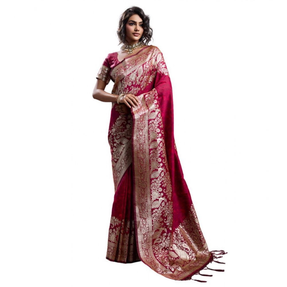 Generic Women's Silk Blend Printed Saree With Unstitched Blouse 5.5Mtr (Maroon) - Image 2