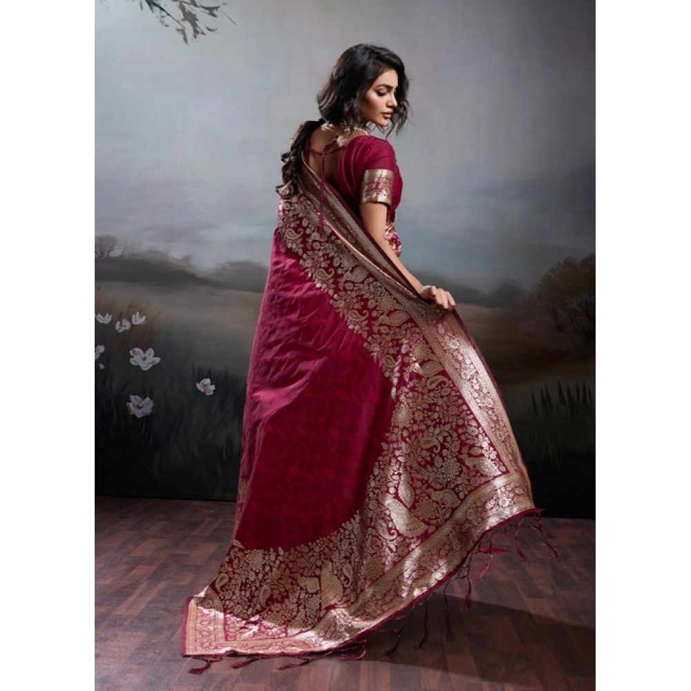 Generic Women's Silk Blend Printed Saree With Unstitched Blouse 5.5Mtr (Maroon) - Image 3