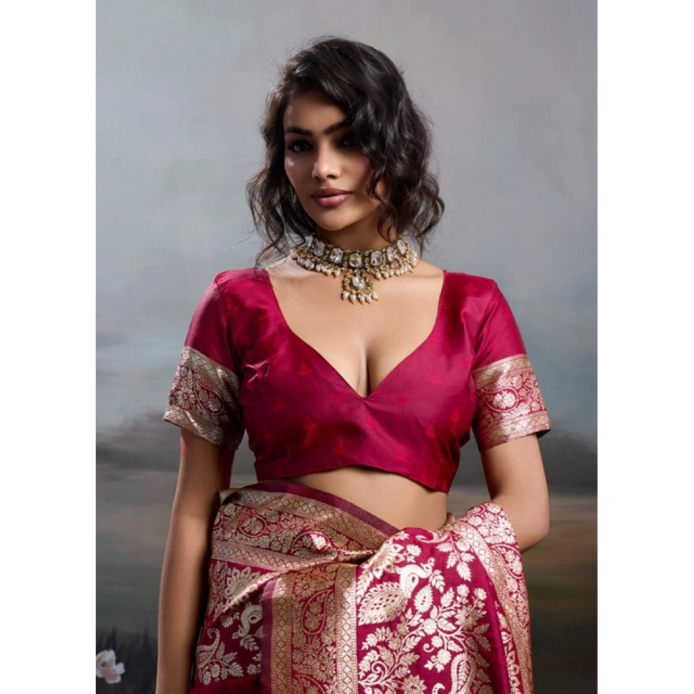 Generic Women's Silk Blend Printed Saree With Unstitched Blouse 5.5Mtr (Maroon) - Image 4