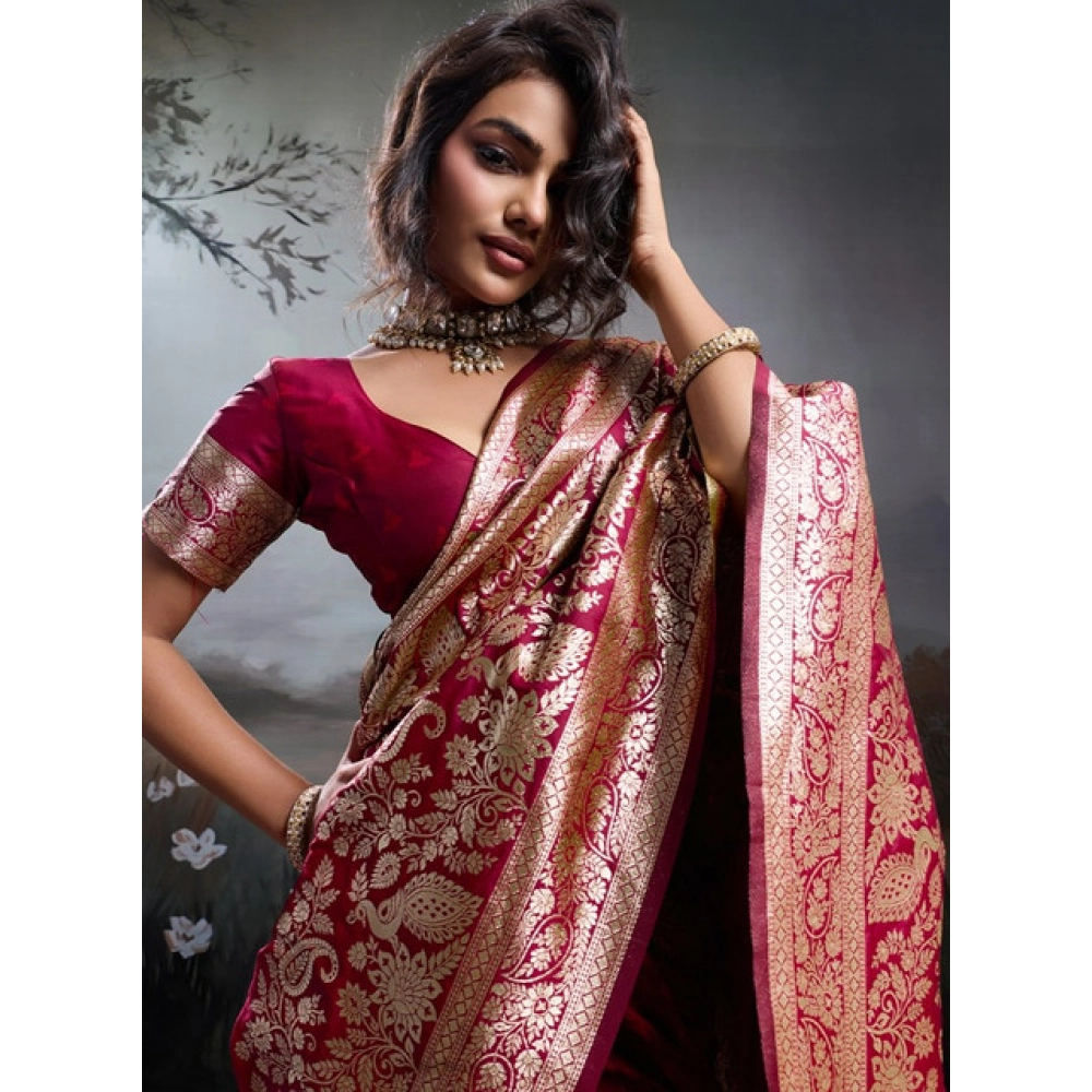 Generic Women's Silk Blend Printed Saree With Unstitched Blouse 5.5Mtr (Maroon) - Image 5