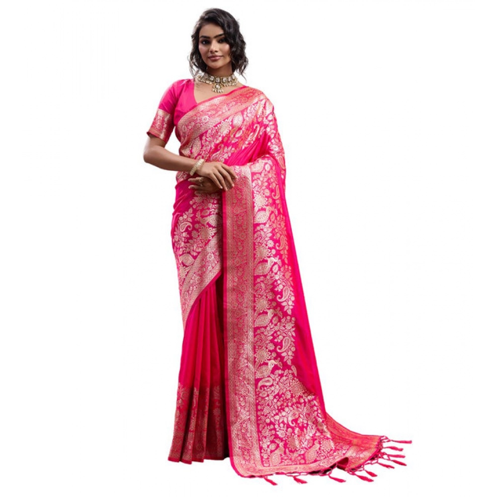 Generic Women's Silk Blend Printed Saree With Unstitched Blouse 5.5Mtr (Pink) - Image 2