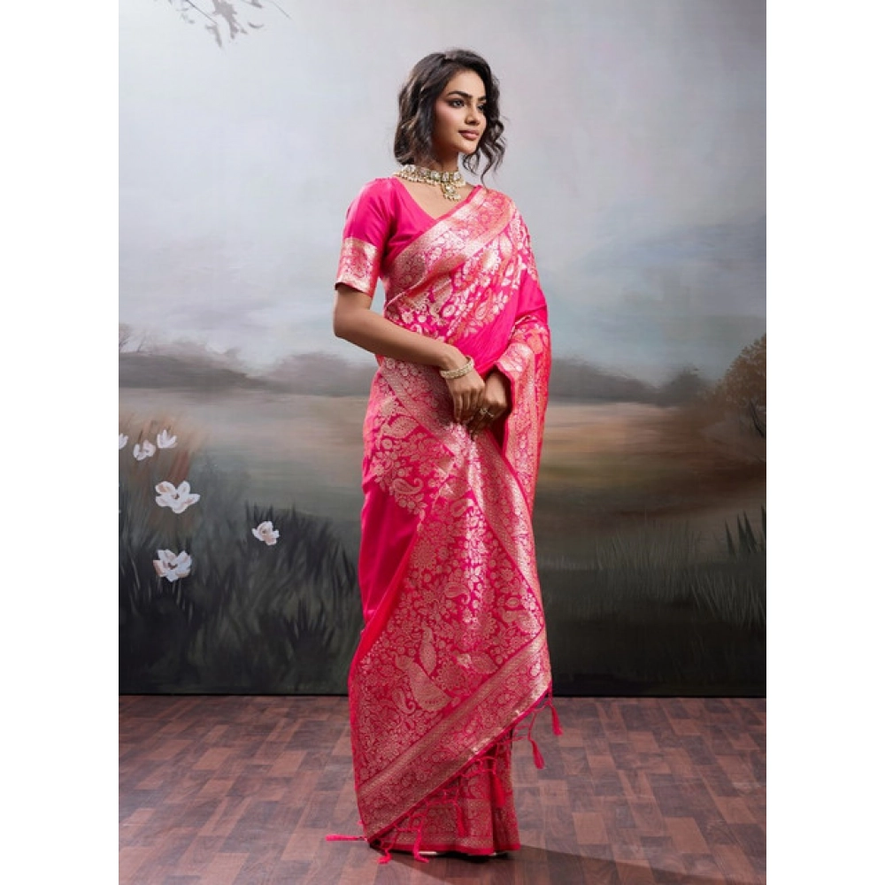 Generic Women's Silk Blend Printed Saree With Unstitched Blouse 5.5Mtr (Pink) - Image 3