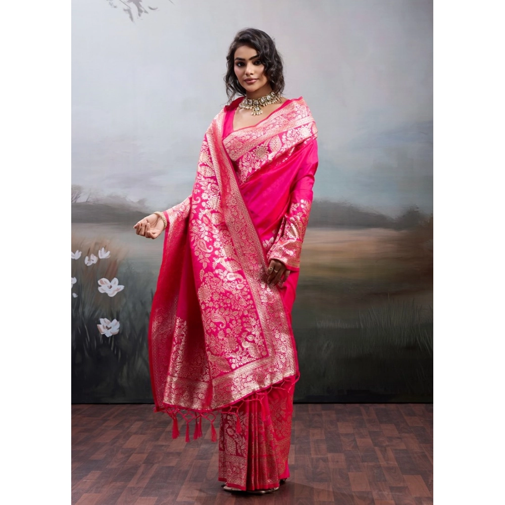 Generic Women's Silk Blend Printed Saree With Unstitched Blouse 5.5Mtr (Pink) - Image 5