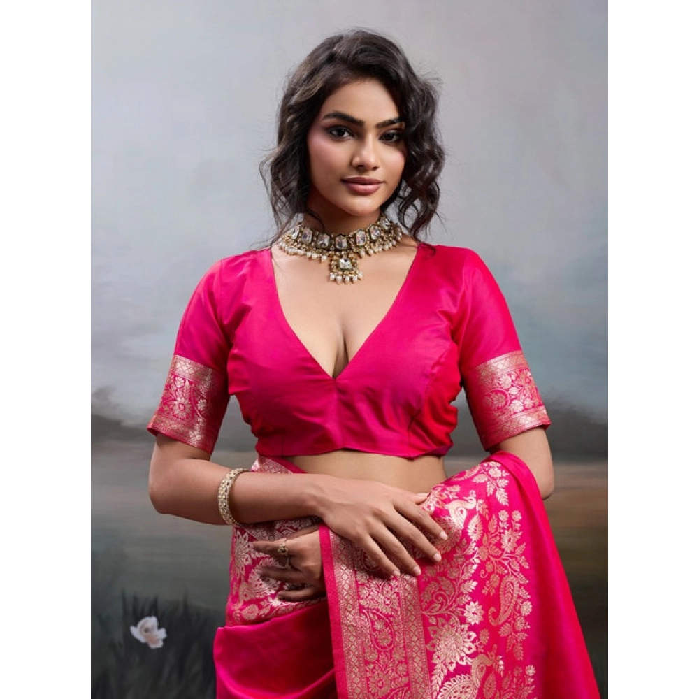 Generic Women's Silk Blend Printed Saree With Unstitched Blouse 5.5Mtr (Pink) - Image 6