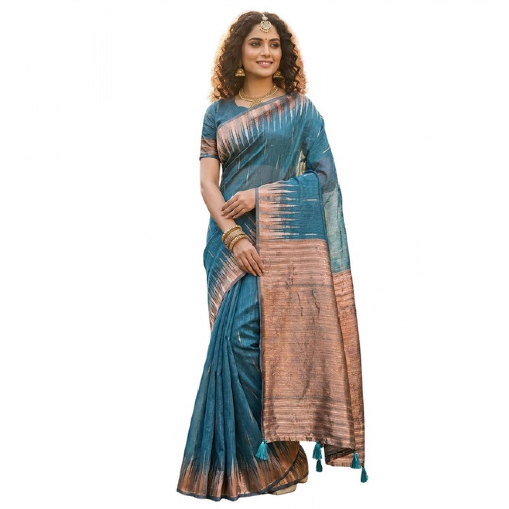 Generic Women's Linen Cotton Printed Saree With Unstitched Blouse 5.5Mtr (Blue) - Image 2