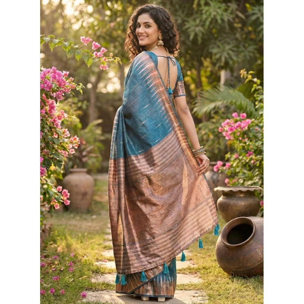 Generic Women's Linen Cotton Printed Saree With Unstitched Blouse 5.5Mtr (Blue) - Image 3