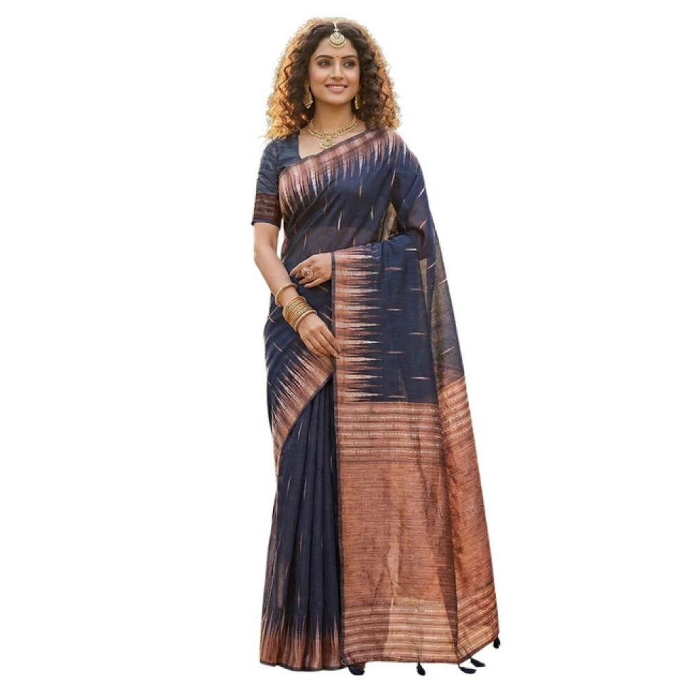 Generic Women's Linen Cotton Printed Saree With Unstitched Blouse 5.5Mtr (Navy Blue) - Image 2