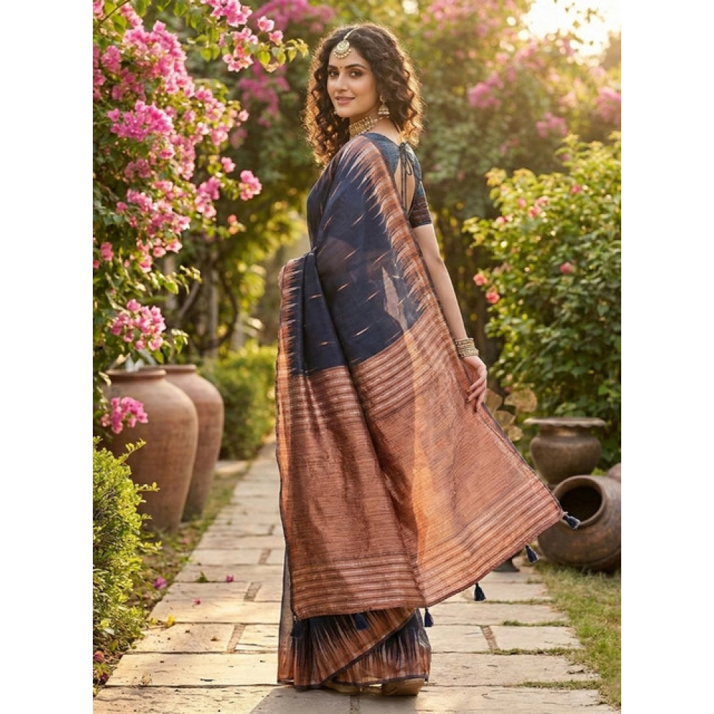 Generic Women's Linen Cotton Printed Saree With Unstitched Blouse 5.5Mtr (Navy Blue) - Image 3