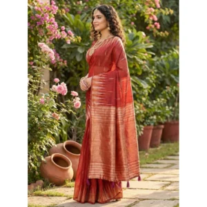 Generic Women's Linen Cotton Printed Saree With Unstitched Blouse 5.5Mtr (Red)