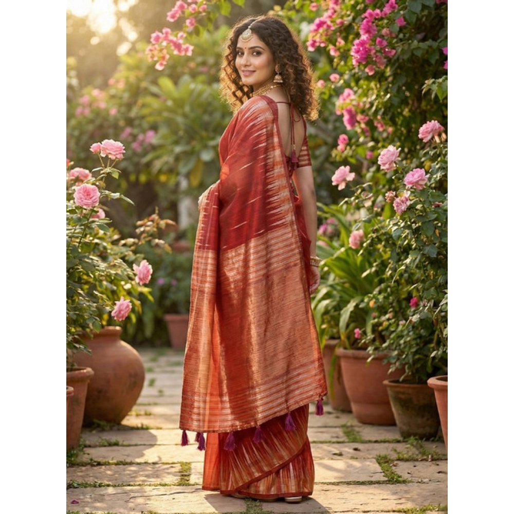Generic Women's Linen Cotton Printed Saree With Unstitched Blouse 5.5Mtr (Red) - Image 3
