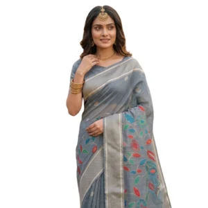 Generic Women's Linen Cotton Floral Embroidered Saree With Unstitched Blouse 5.5Mtr (Gray)