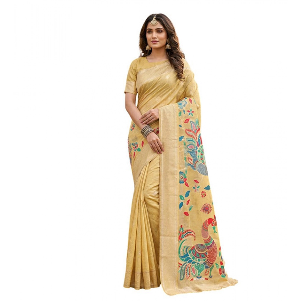 Generic Women's Linen Cotton Floral Embroidered Saree With Unstitched Blouse 5.5Mtr (Yellow) - Image 2