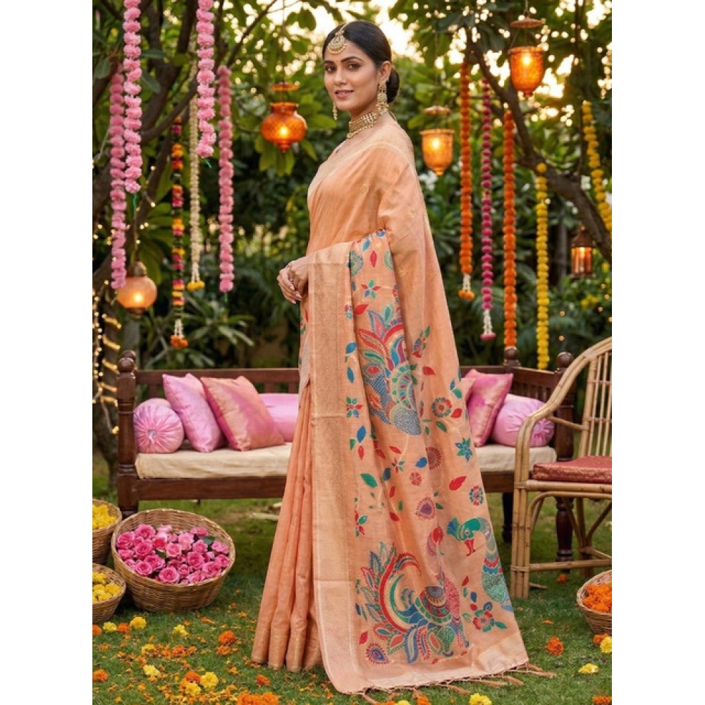 Generic Women's Linen Cotton Floral Embroidered Saree With Unstitched Blouse 5.5Mtr (Peach) - Image 3