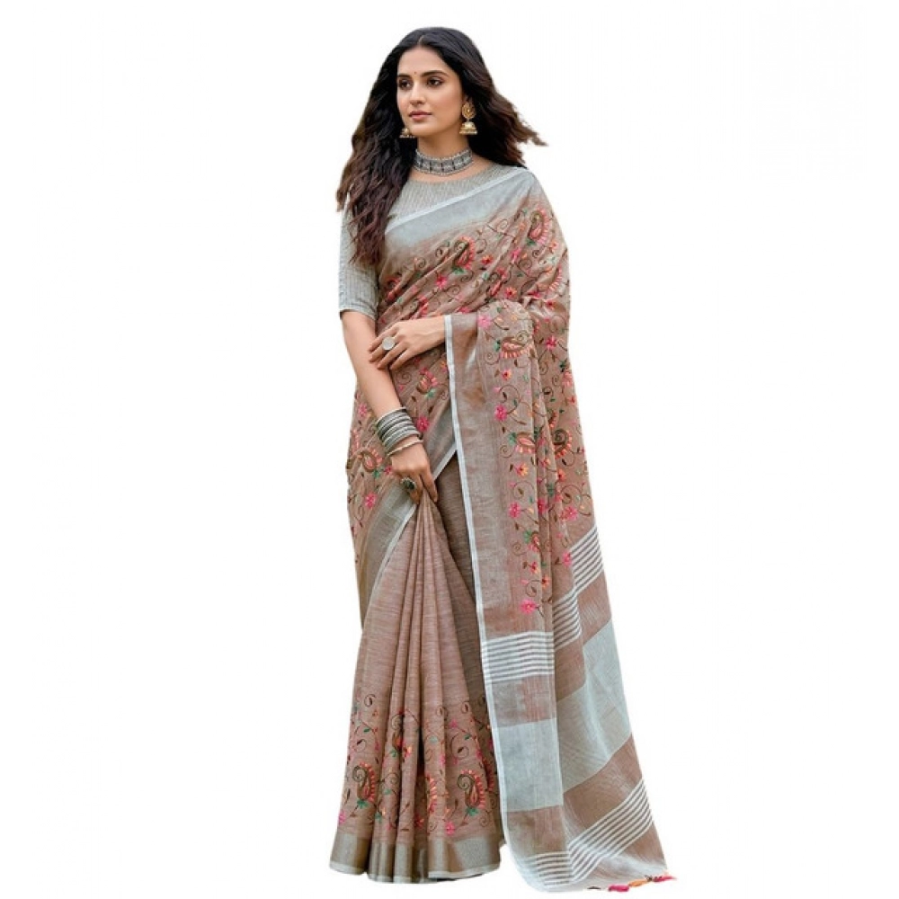Generic Women's Linen Floral Embroidered Saree With Unstitched Blouse 5.5Mtr (Brown) - Image 2