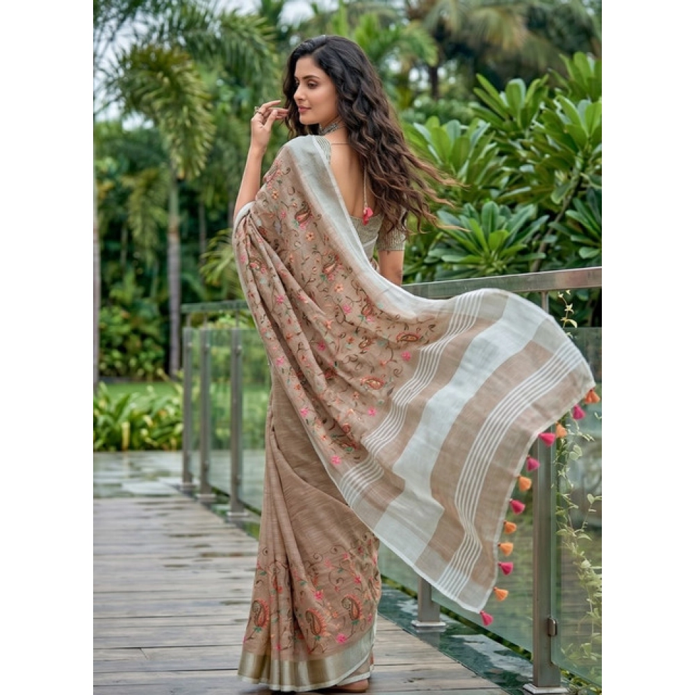 Generic Women's Linen Floral Embroidered Saree With Unstitched Blouse 5.5Mtr (Brown) - Image 3