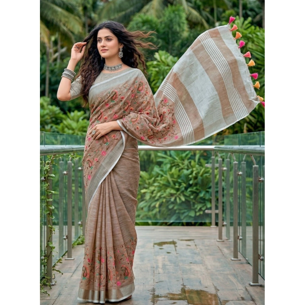 Generic Women's Linen Floral Embroidered Saree With Unstitched Blouse 5.5Mtr (Brown) - Image 4