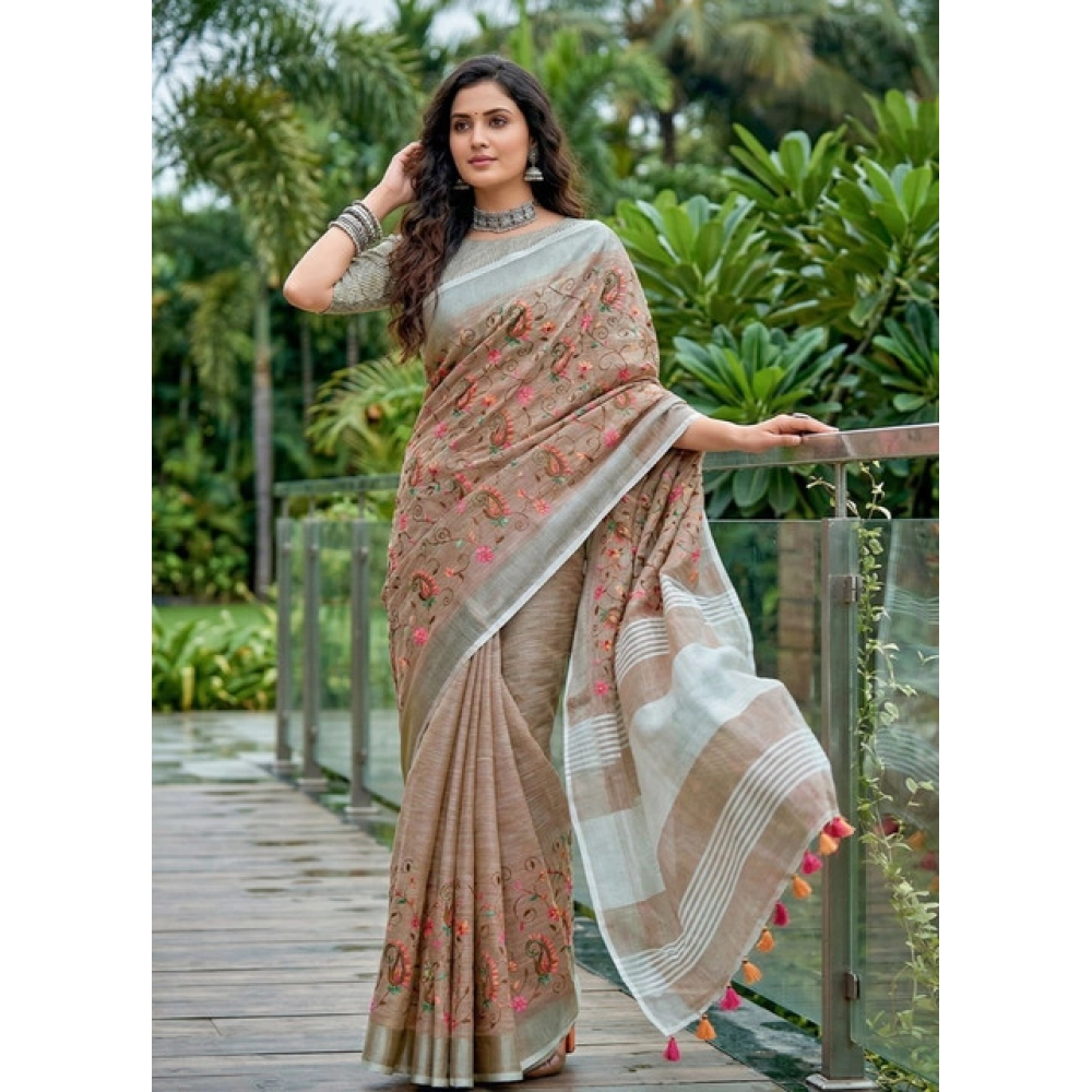 Generic Women's Linen Floral Embroidered Saree With Unstitched Blouse 5.5Mtr (Brown) - Image 5