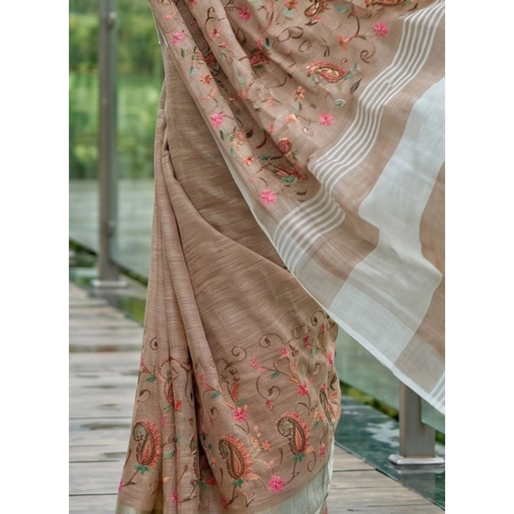 Generic Women's Linen Floral Embroidered Saree With Unstitched Blouse 5.5Mtr (Brown) - Image 6