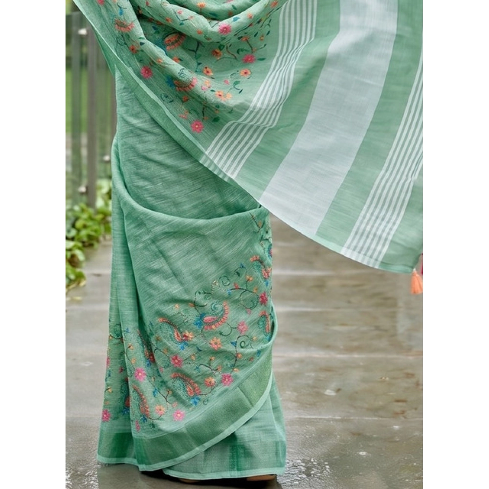 Generic Women's Linen Floral Embroidered Saree With Unstitched Blouse 5.5Mtr (Sea Green) - Image 4